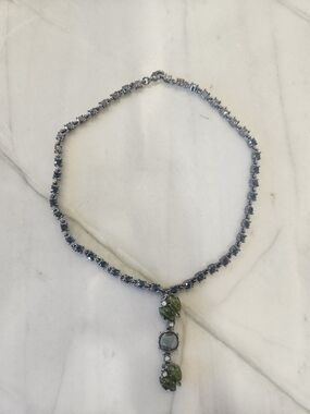 Silver-Tone Necklace with Blue Crystal Chain and Green Gem Drop